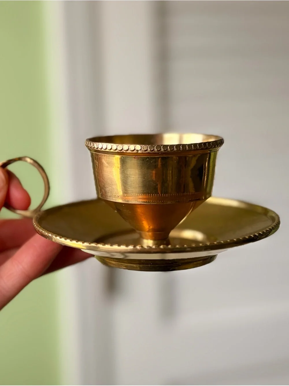 Vintage Golden Metal Chamber Style Candle Holder with Beaded Rim